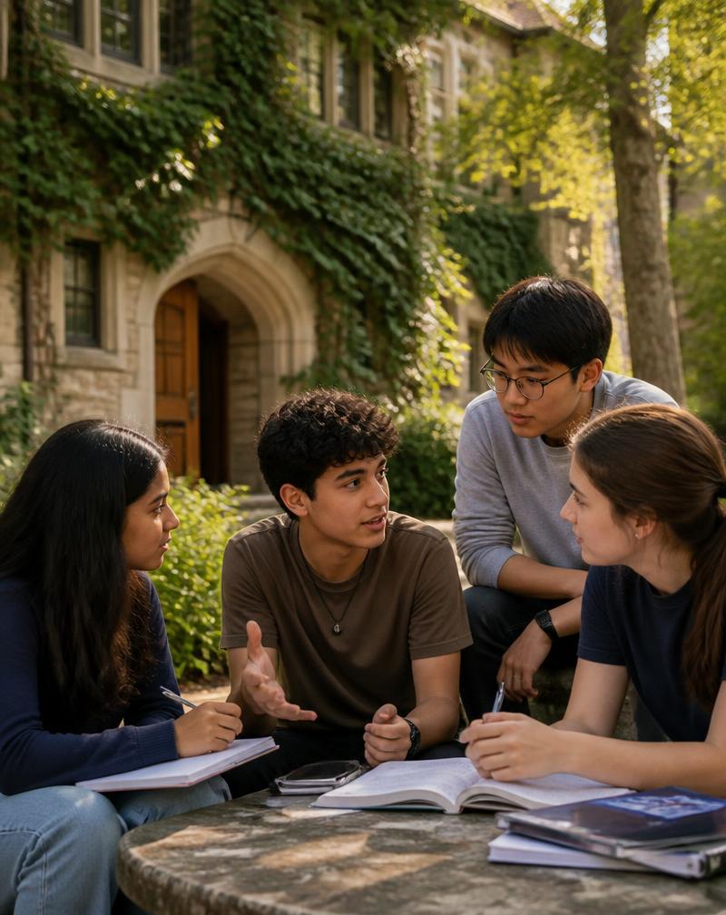 High school students discussing academics on a leafy campus
